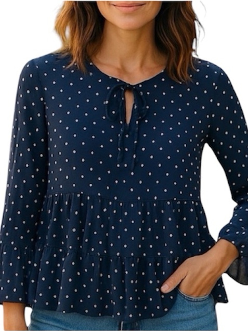 Lucky Brand Navy Blue Polka Dot Women's Top Size Small Lightweight Boho
